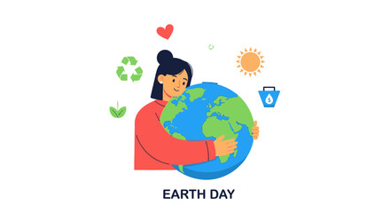 Fototapeta premium A woman hugging the Earth with environmental icons and 