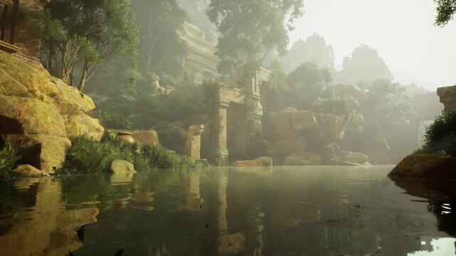 Golden temple arch mirrored on lake, warm light spilling across weathered stone, ivy and moss clinging to columns, soft haze enhancing depth, evocative scene