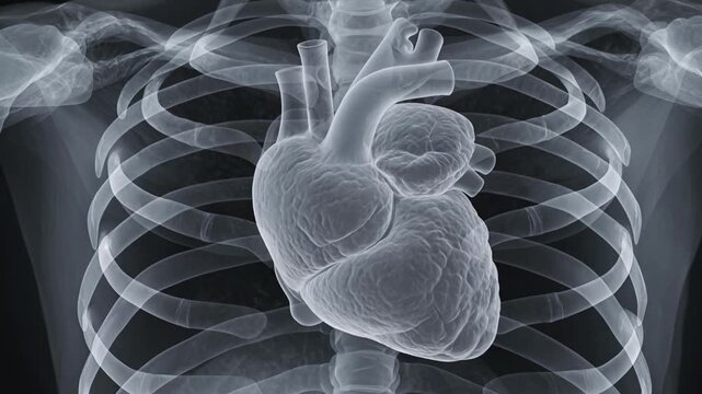 Radiographic depiction of the vital human heart within the protective ribcage structure