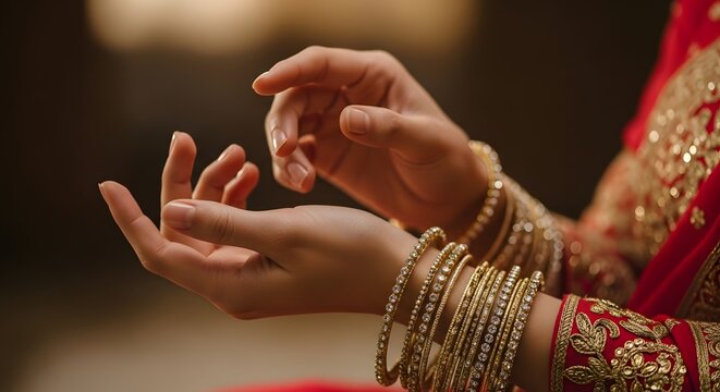 Hands wearing gold bangles and red traditional clothing