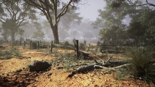 Foggy fence line under tall eucalyptus, fallen log and damp leaf litter, muted color palette, morning haze creating tranquil restorative scene after storm.