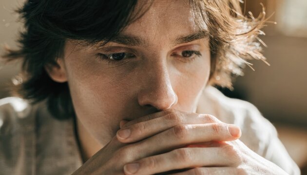Young man with tousled hair, resting his face on his hands, appearing deep in thought or contemplation in soft natural light.