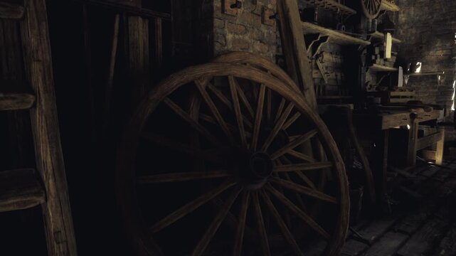 Large antique wheel leaning against wall in dim workshop corner, crates and ladders surrounding wheel, muted light creating nostalgic and historical mood