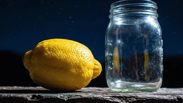 Still life composition with a bright yellow lemon and empty glass mason jar set on a wooden surface with a dark background