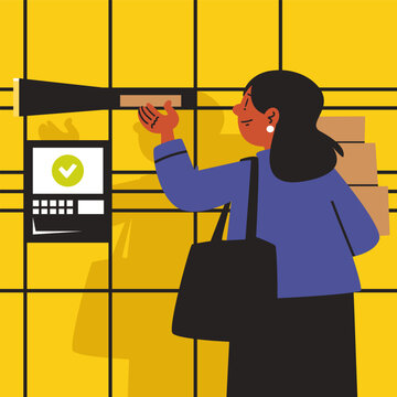 Customer Collecting Package from Automated Parcel Locker Vector Illustration