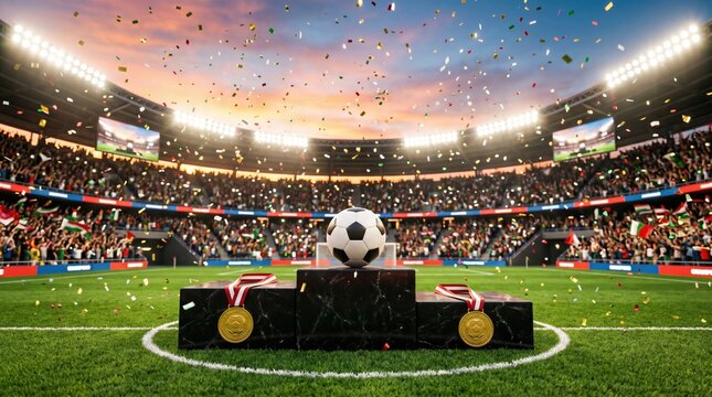 Aerial view of championship podium with soccer ball trophy in stadium