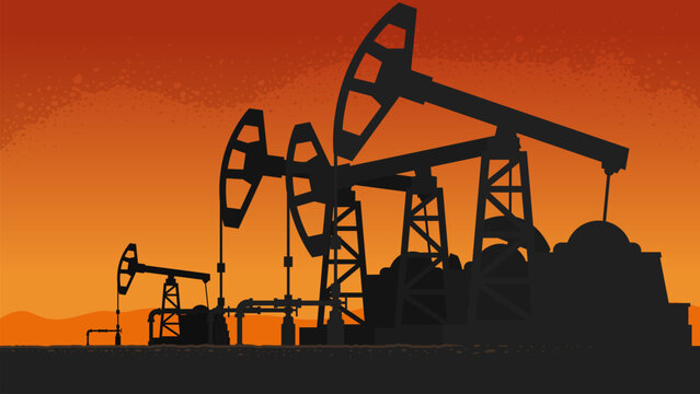 Oil Pump Jacks at Sunset in Petroleum Industry Vector Illustration
