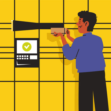 Customer Picking Up Parcel from Smart Locker. Vector Illustration