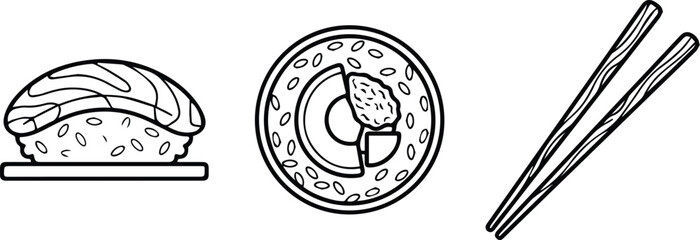 Black and White Sushi Nigiri, Maki Roll, and Chopsticks Vector Icon Set © muhammad
