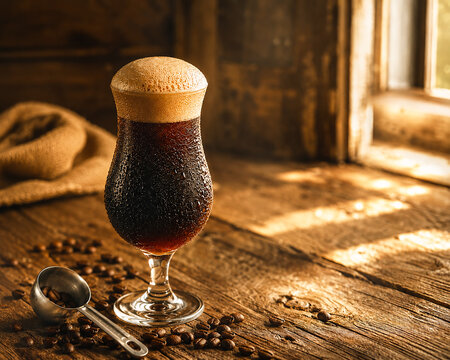 Nitro Cold Brew Coffee in Stemmed Glass with Creamy Foam on Rustic Reclaimed Wood, Burlap Coffee Sack and Metal Scoop, Warm Golden Sunlight Through Window, Farmhouse Aesthetic