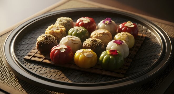 Assorted colorful traditional rice cakes on bamboo mat