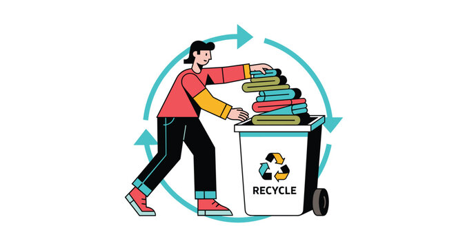 A person actively recycling folded textiles by placing them into a designated bin, emphasizing environmental responsibility and waste reduction efforts.