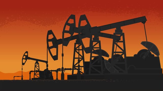Seamless Loop Animation of Oil Pump Jacks Operating in Petroleum Industry at Sunset