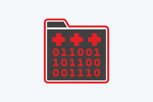 Digital folder icon with red medical cross and binary code for health data