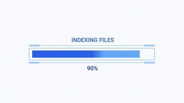 Minimal animated indexing files progress bar showing 90 percent completion on a clean white background. Ideal for file indexing, search systems, databases, software, and technology projects.