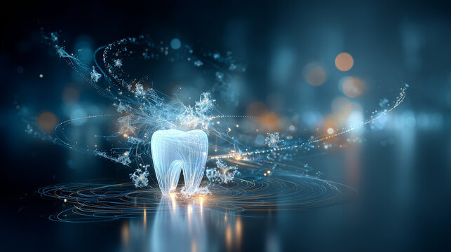 Luminous crystal tooth model with flowing light streams and geometric particles in digital dark background