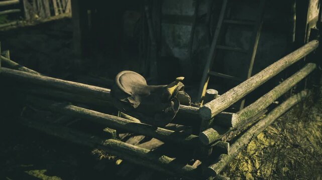 Weathered fence and clustered tools, low light seeping through broken window, scattered straw and grime, close perspective highlights rough texture of timber