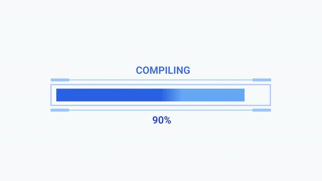 Minimal animated compiling progress bar showing 90 percent completion on a clean white background. Ideal for code compilation, software development, programming, web, and technology projects.