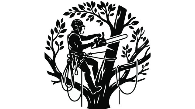 Arborist Silhouette Vector Logo Lumberjack Tree Surgeon Cutting with Chainsaw Graphic