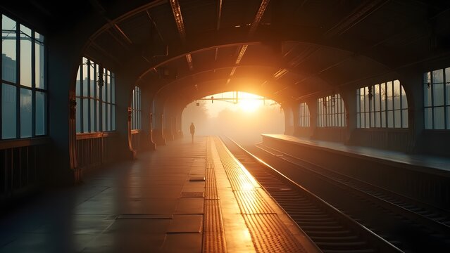 Empty train platform bathed in soft morning light, emotional storytelling, ultra HD 4K.