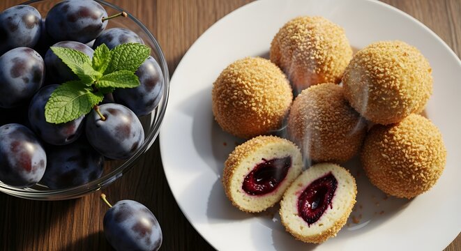 Breaded plum dumplings and fresh plums on wooden table