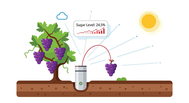 A smart agricultural system monitors sugar levels in grapes using a digital sensor buried in the soil under a bright sun within a stylized vineyard environment.