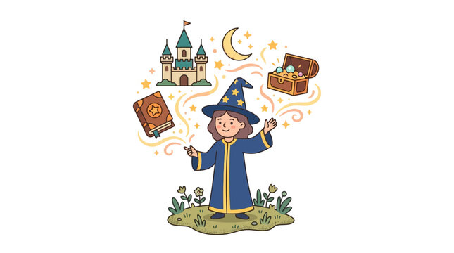 Cute young wizard casting magic with fantasy icons around
