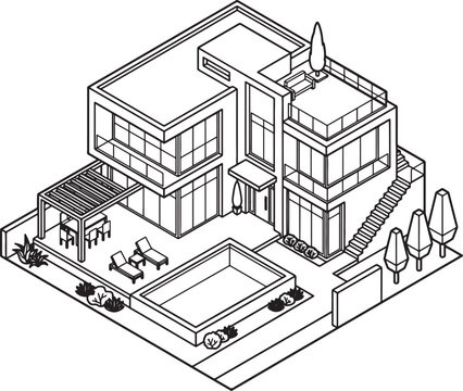Isometric view of modern luxury house with swimming pool, outdoor dining, and landscaping on transparent background.