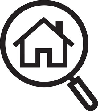 Real estate search icon featuring house inside magnifying glass representing property hunting and house hunting concept for digital platforms.