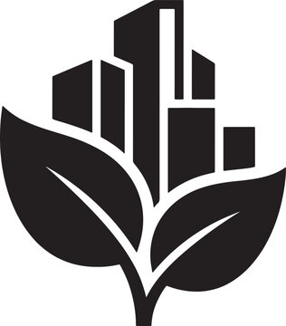 Eco friendly urban building structure with natural leaf elements symbolizing sustainable green architecture and environment conscious city development.