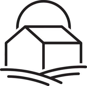 Minimalist farmhouse and farmland outline graphic icon representing agricultural property investment and rural residential home development scene.