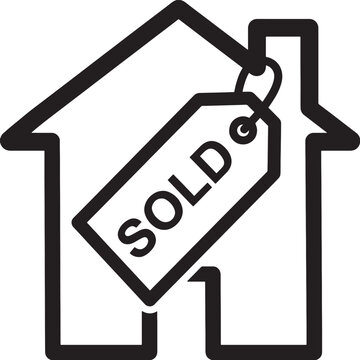 House silhouette combined with sold tag icon featured as creative symbol for property market and residential real estate industry graphic design.