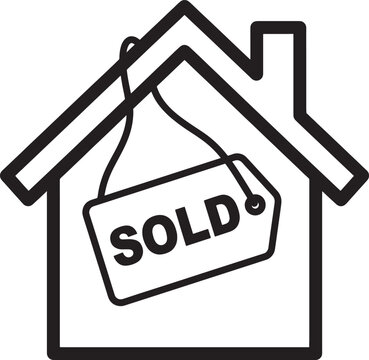 House silhouette with sold tag icon represented as real estate symbol for property transactions and apartment listings on white isolated background.