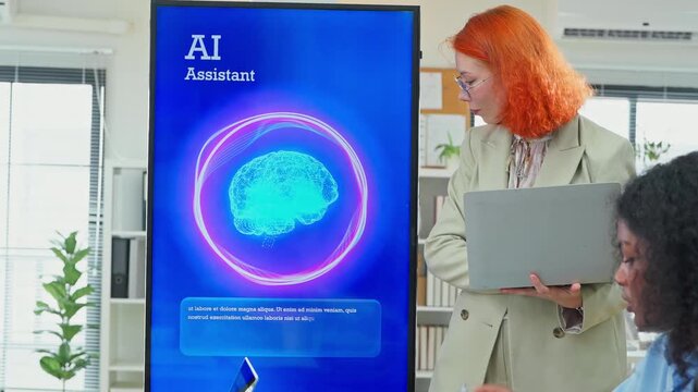 Diverse multiracial business team using AI bot to analyze restructuring strategy for profit growth in modern open office with screens and documents, corporate transformation planning concept