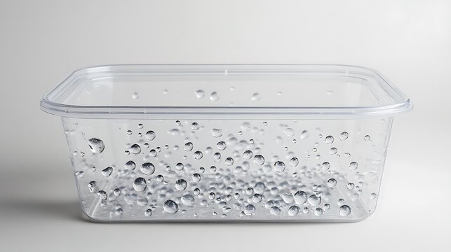 Clear plastic container with water droplets.