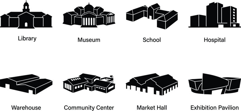 Collection of public and commercial building silhouettes including library museum school hospital warehouse and community center isolated on white background