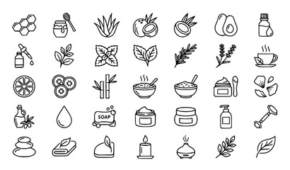 Food and Beverage Line Icons Collection with Fruits Herbs Coffee Tea and Kitchen Ingredients © Madhobe