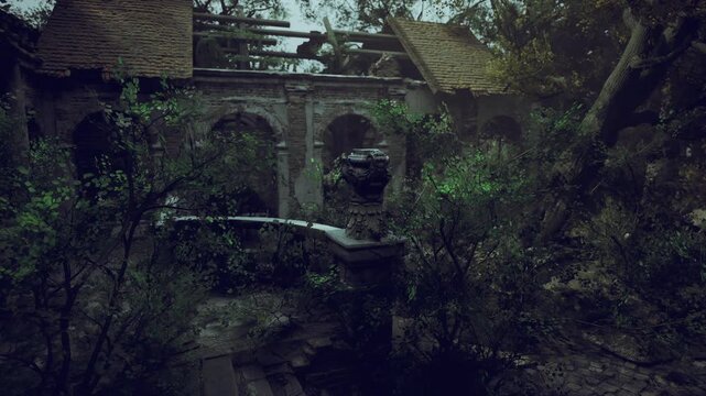 Ivy clad arches frame secluded courtyard with dappled light. Dense shrubbery and weathered masonry create quiet, introspective scene, perfect for conservation,