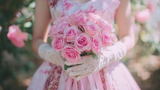Bride with white satin gloves holding peach pink rose bridal bouquet decorated with gypsophila, white wedding dress romantic floral closeup material