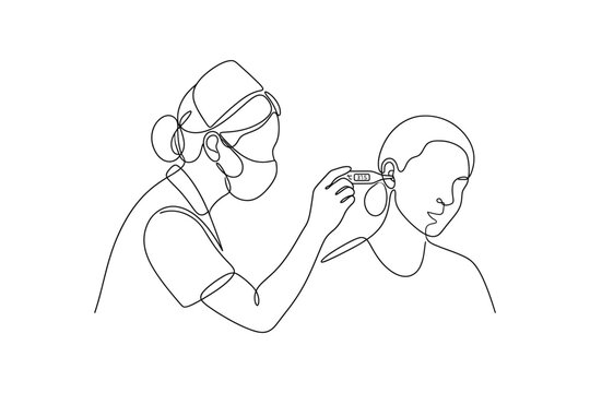 Continuous one line drawing of a nurse checking patient ear temperature.