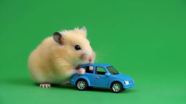 Small hamster pushing a toy car on a green background with cinematic motion and selective focus