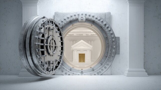 An open bank vault reveals a secure storage space with a small gold structure inside, symbolizing safety and wealth