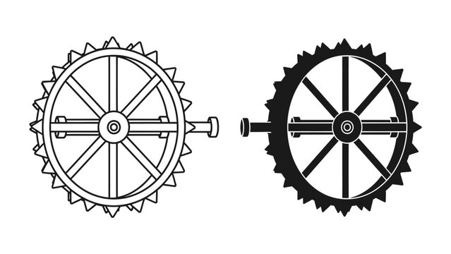 Mechanical Gear Illustration: A set of two mechanical gears, one outlined in black and white, the other in solid black, showcasing intricate toothed designs and central axles.