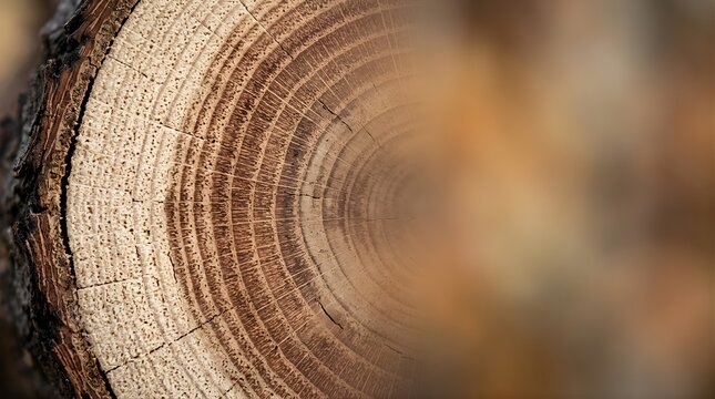 Cross section of a tree trunk showing rings with blurred background