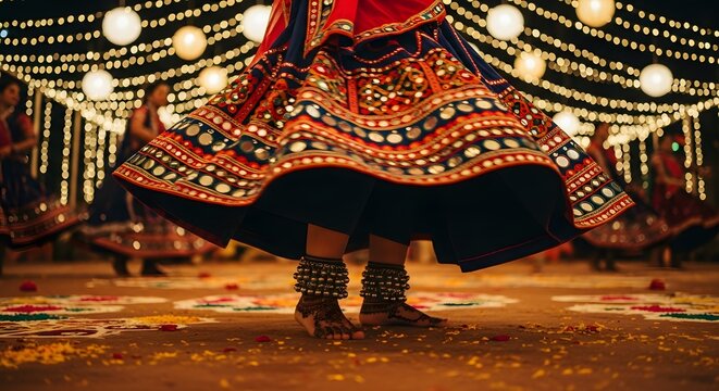 Person dancing in traditional Indian attire with mirror work