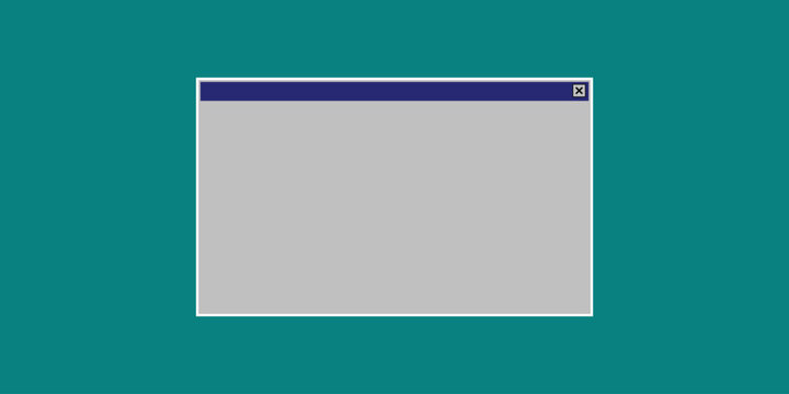 Retro computer window with gray content area and dark blue title bar on teal background.