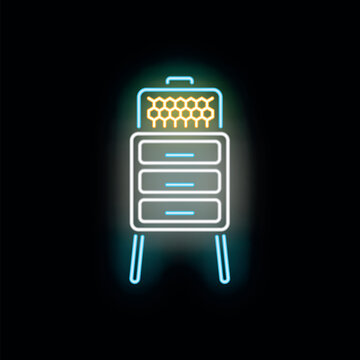 Illuminated neon sign on black background depicting a langstroth beehive with honeycombs