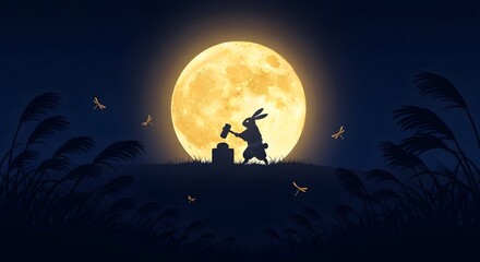Fototapeta premium Rabbit silhouette pounding mortar under full moon