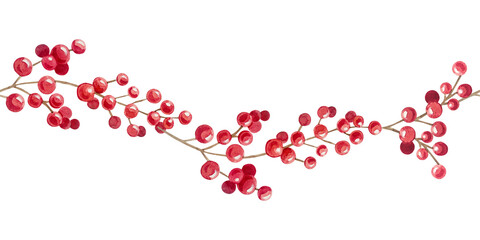 Watercolor christmas seamless border with festive winter red berry garland branch. Isolated hand drawn botanical illustration element drawing. Repeatable holiday pattern line design © Mariia