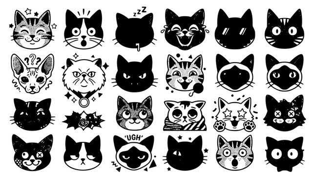 Modern Pop Art Cat Face Vector Collection with Funny Halftone Kitty Graphic Elements